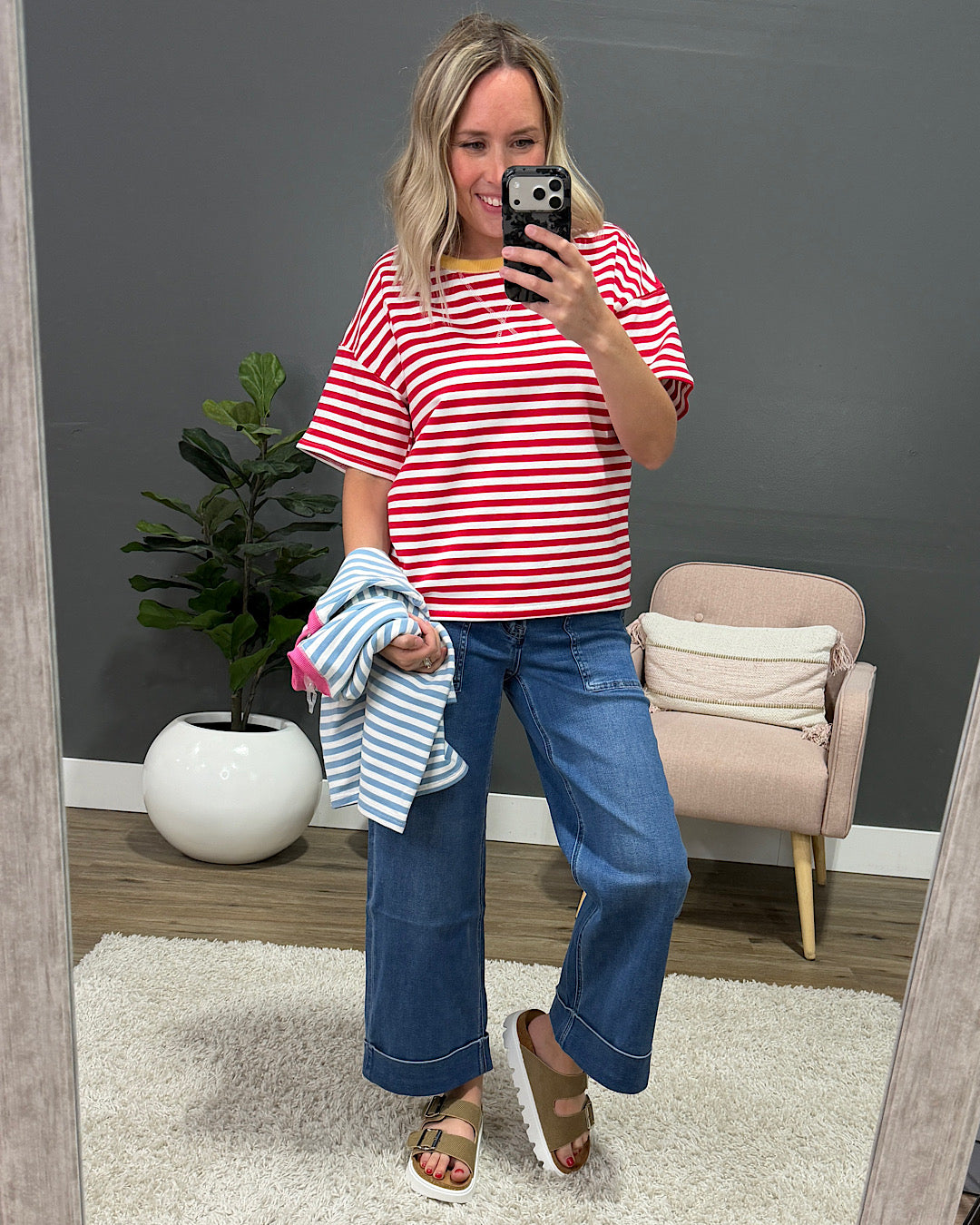 NEW! Ellie Contrast Striped Top - Sky Blue & Pink Staccato