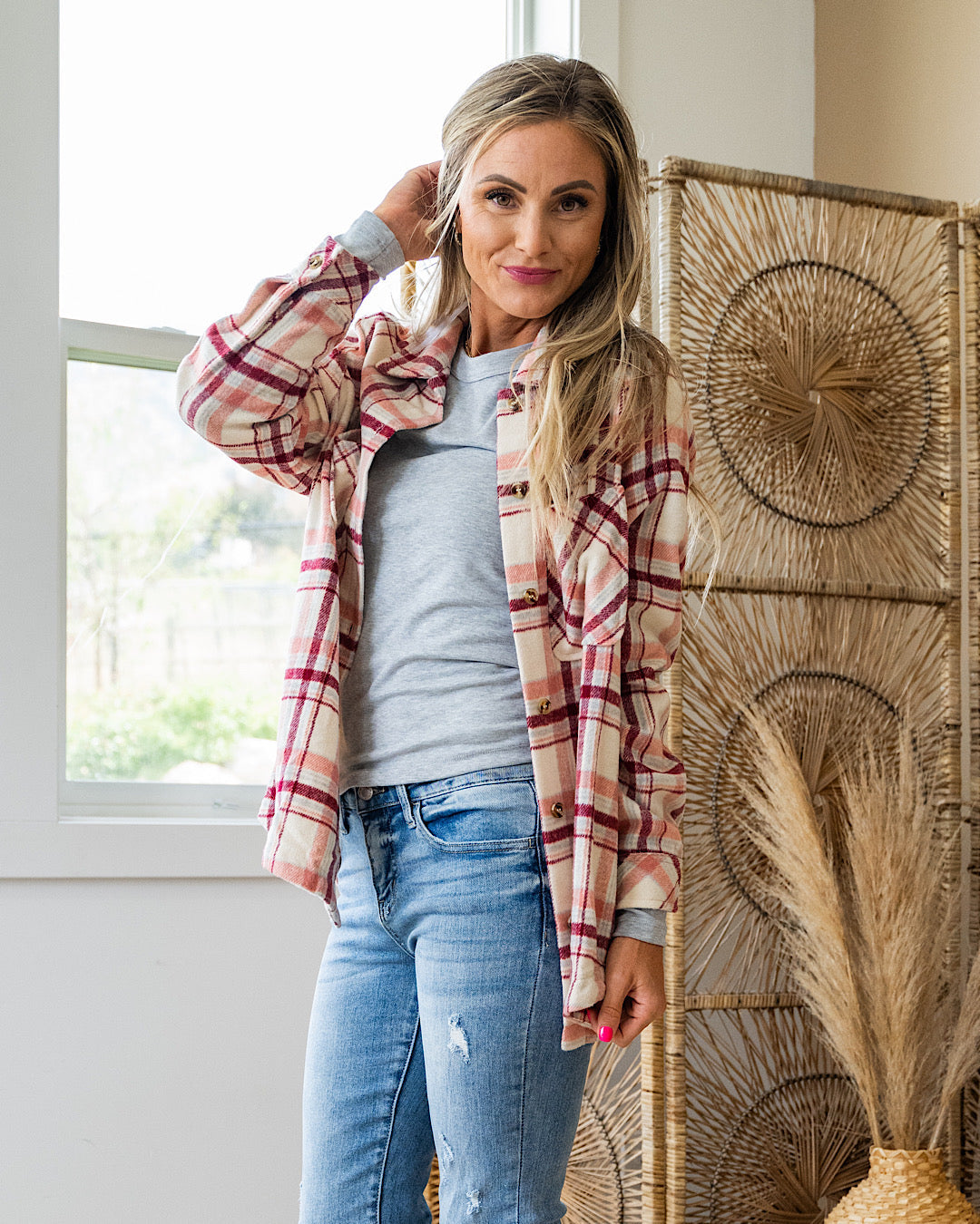NEW! Aleisha Brushed Plaid Button Up Top - Pink Staccato
