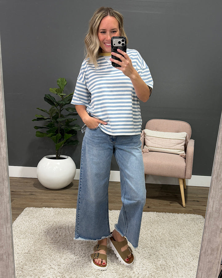 NEW! Hazel Contrast Striped Top - Dusty Blue & Yellow Mine