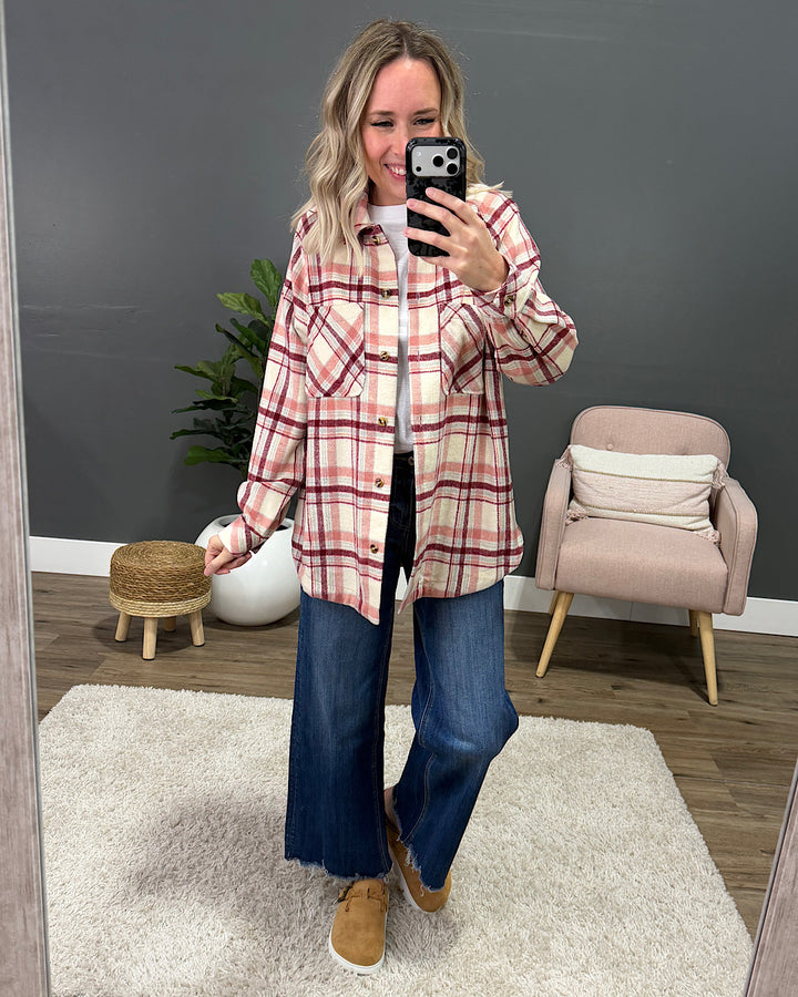 NEW! Aleisha Brushed Plaid Button Up Top - Pink Staccato