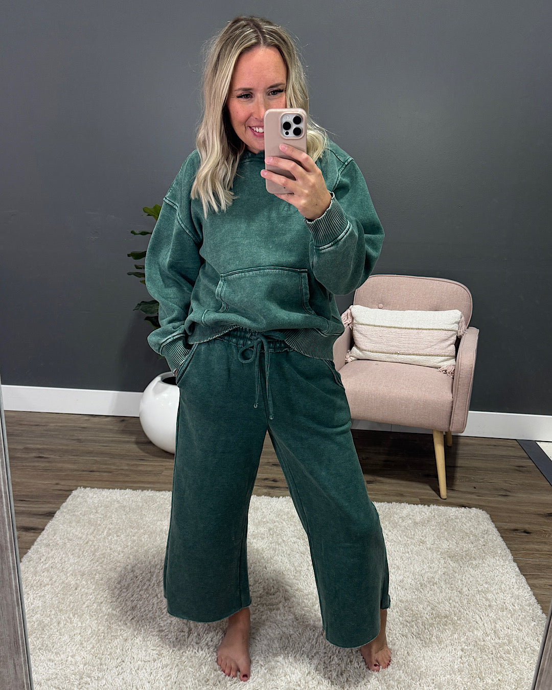 Cropped Wide Leg Comfy Pants - Dark Green Zenana