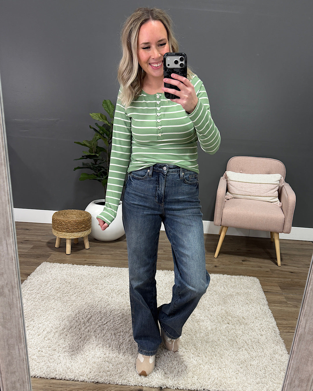 NEW! Celeste Striped Henley Top - Avocado