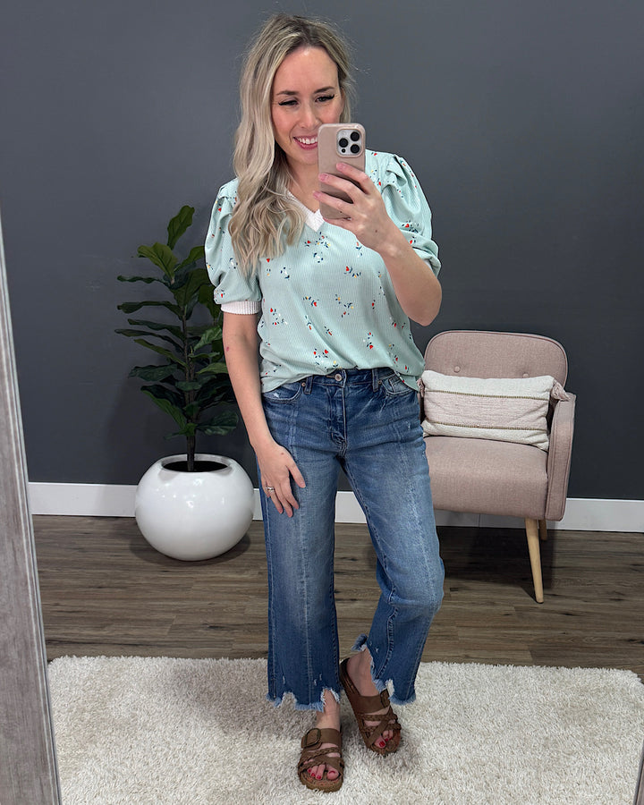 Marissa Ribbed Floral V Neck Top - Sage FINAL SALE Lovely Melody