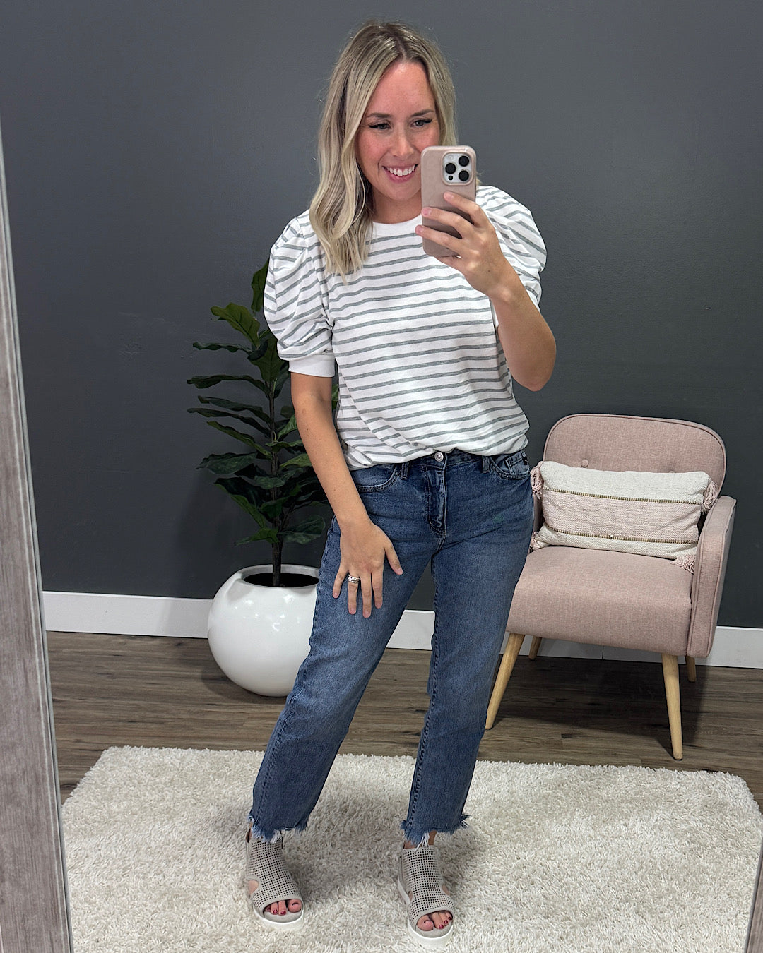 Hillary Striped Puff Sleeve Top - Heather Gray SALE Lovely Melody