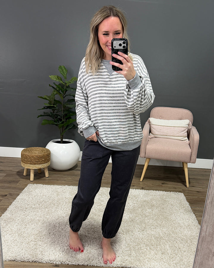 Gianna Striped Drop Shoulder Top - Heather Gray Lovely Melody