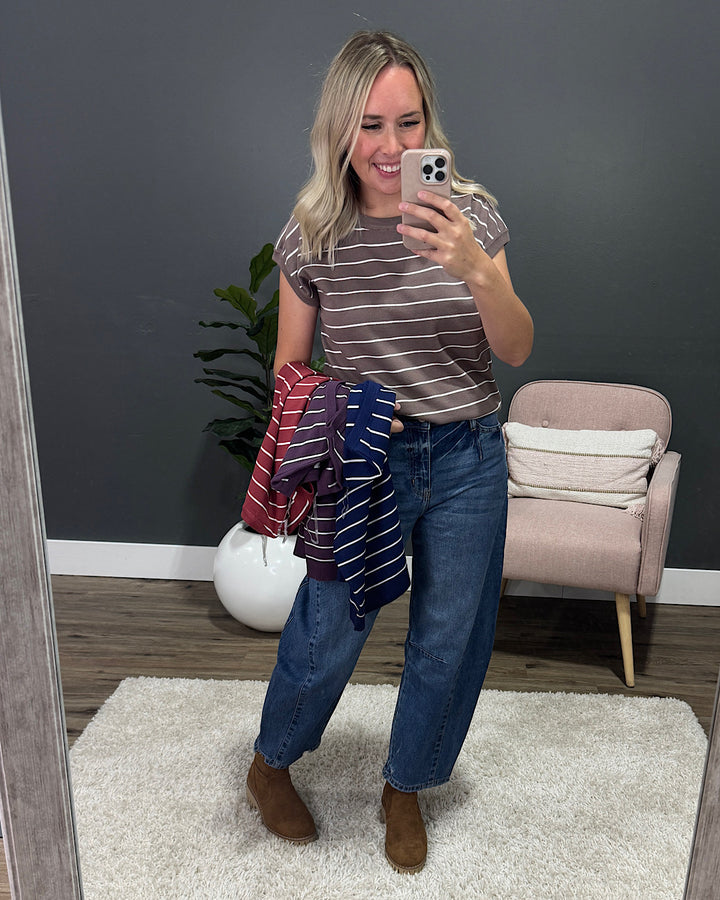 Allie Striped Short Sleeve Sweater - Marsala Staccato