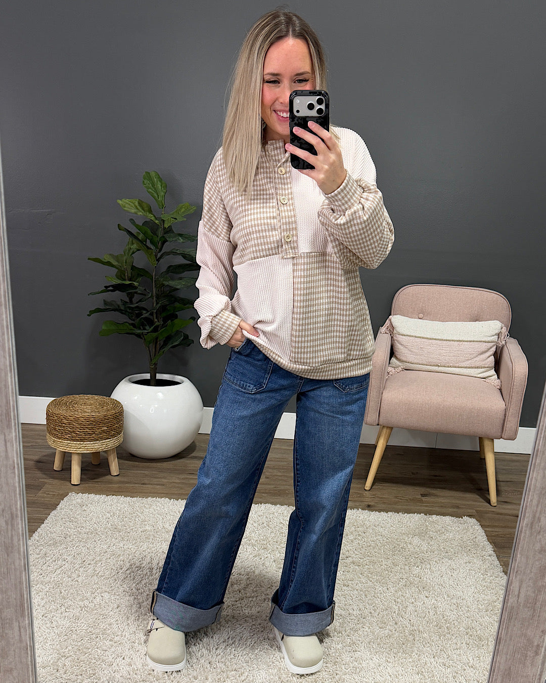 Cassie Mixed Fabric Henley Top - Taupe FINAL SALE Lovely Melody