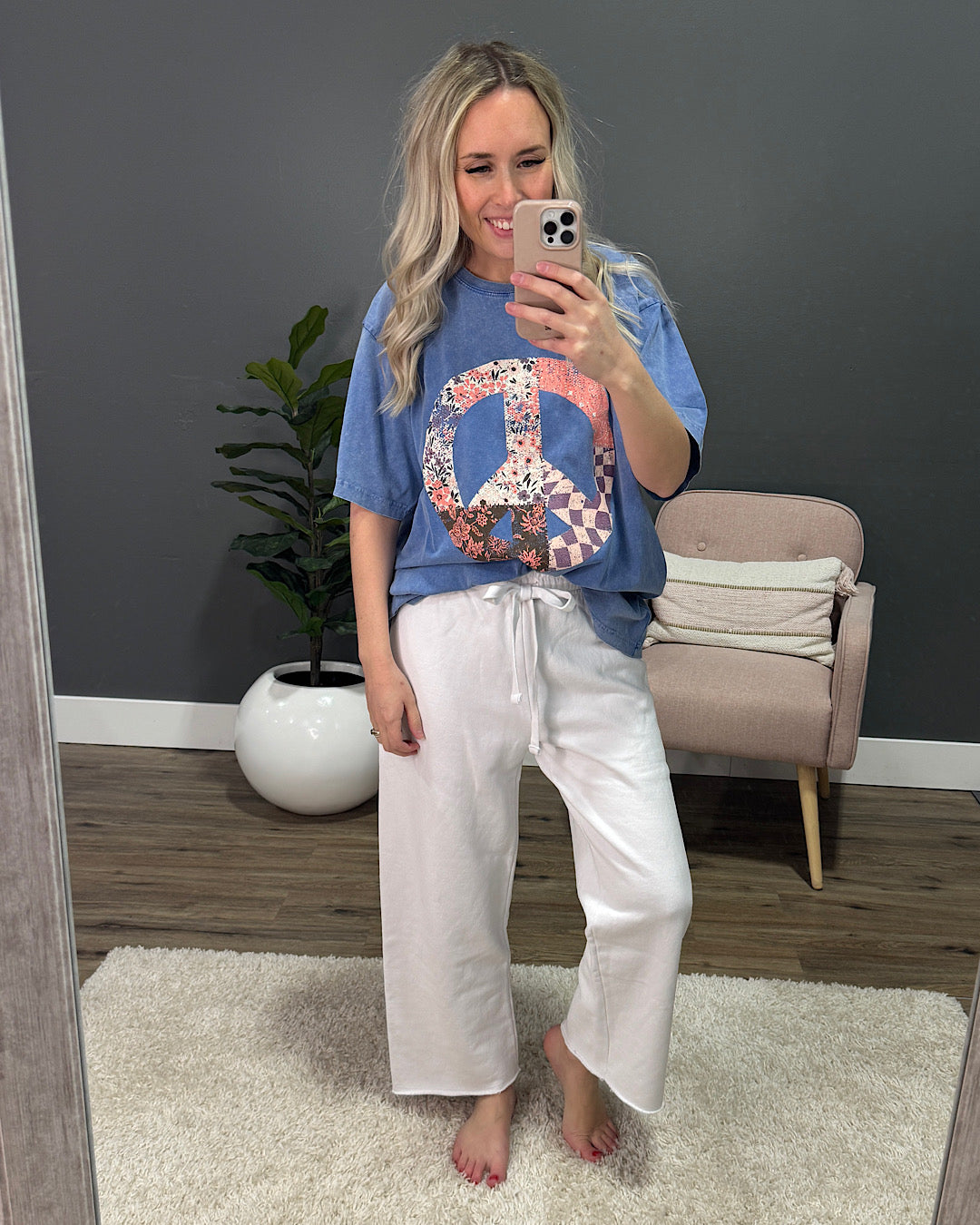 Patchwork Peace Sign Blue Mineral Wash Tee Zutter