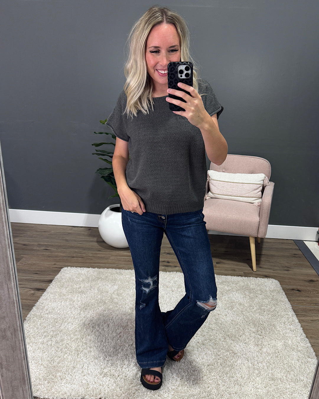 Raquel Open Weave Short Sleeve Sweater - Gun Metal FINAL SALE Staccato