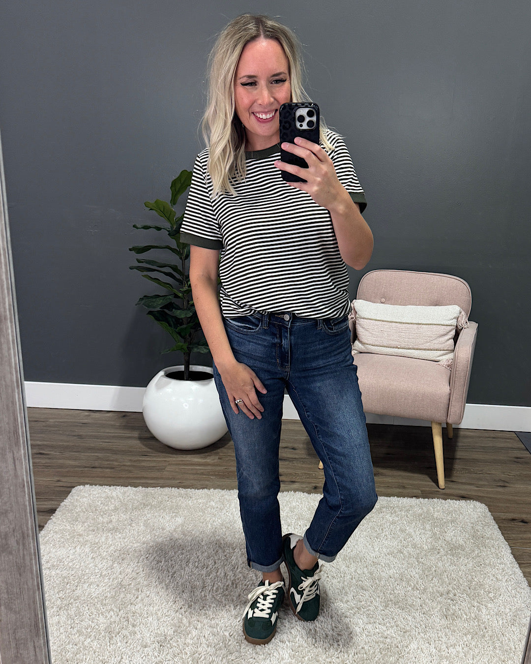 Meredith Striped Crewneck Top - Olive SALE Staccato