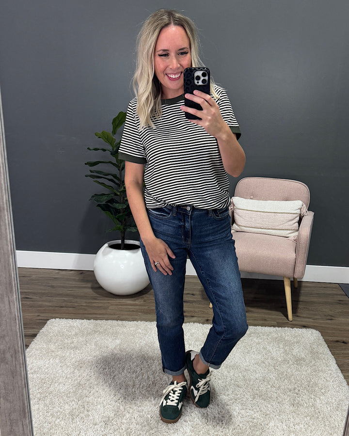 Meredith Striped Crewneck Top - Olive SALE Staccato