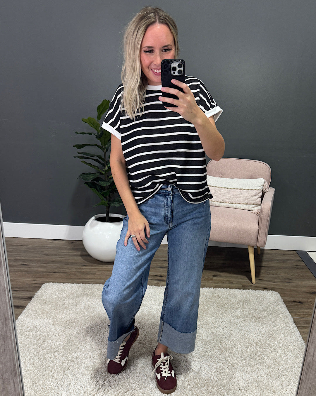 Nina Faded Striped Drop Shoulder Top - Black SALE Lovely Melody