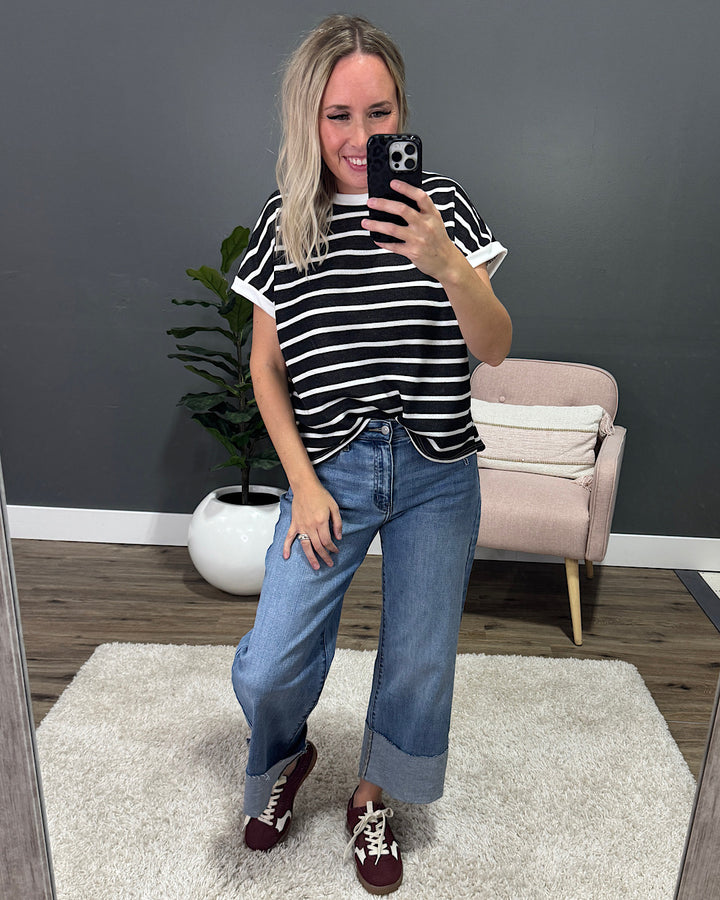 Nina Faded Striped Drop Shoulder Top - Black SALE Lovely Melody