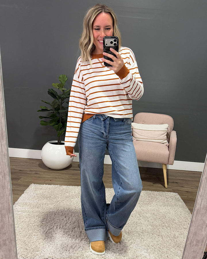Rosie Fine Knit Striped Sweater - Ivory & Copper Staccato