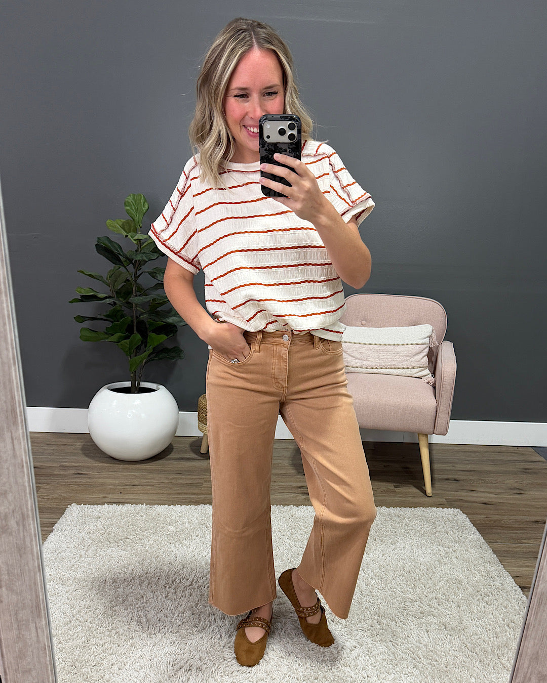 Carmen Textured Striped Top - Rust Lovely Melody