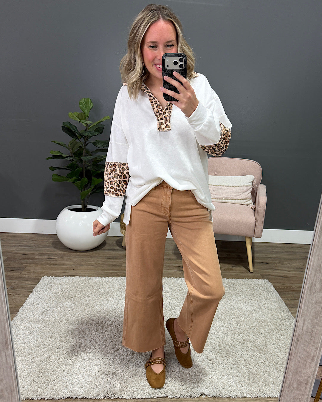 Jana Leopard Color Block Collared Top - Ivory Lovely Melody