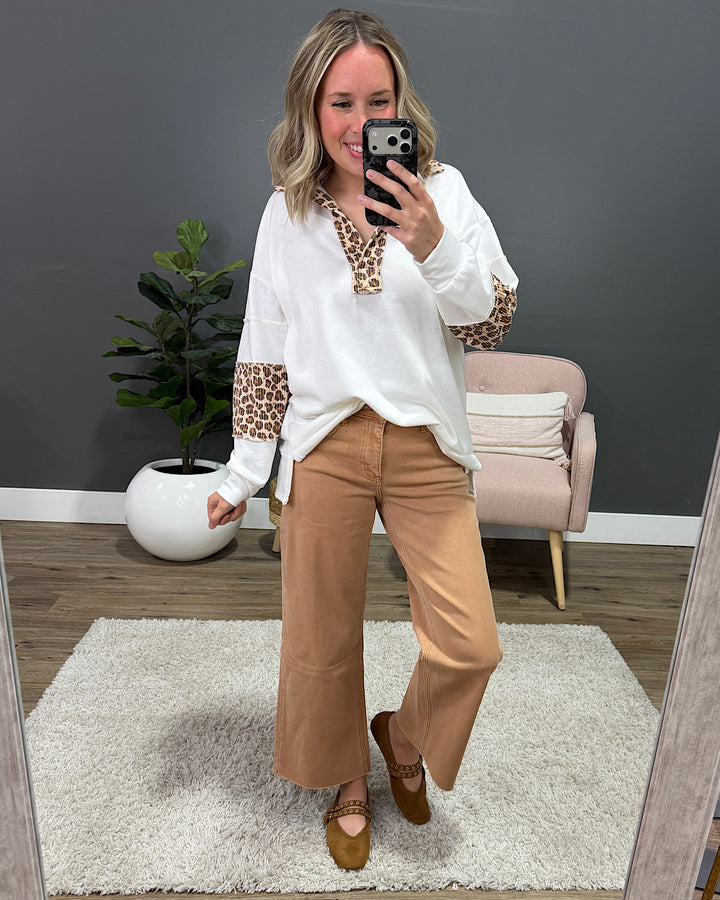 Jana Leopard Color Block Collared Top - Ivory Lovely Melody