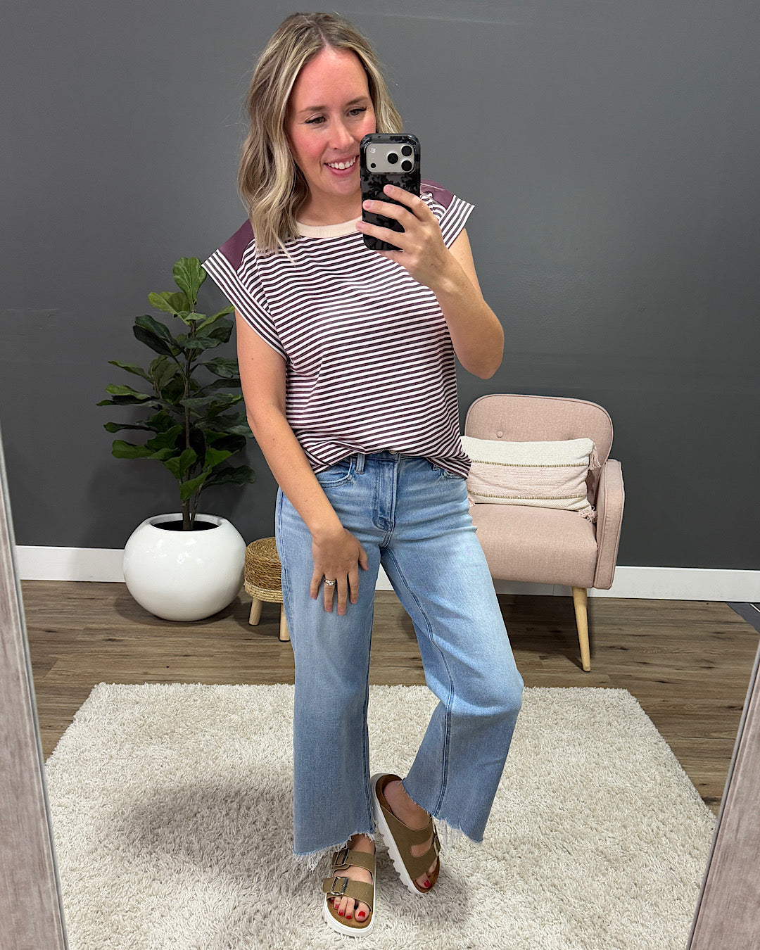 Noelle Striped Ribbed Top - Ivory & Plum Staccato