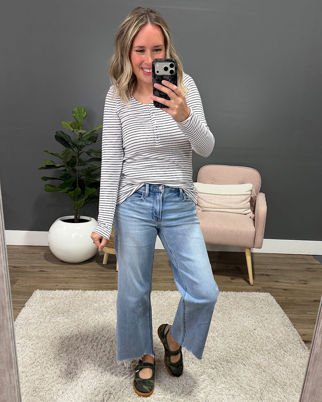 Dawn Striped Henley Long Sleeve Top - White Michelle Mae