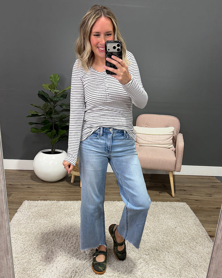 Dawn Striped Henley Long Sleeve Top - White Michelle Mae
