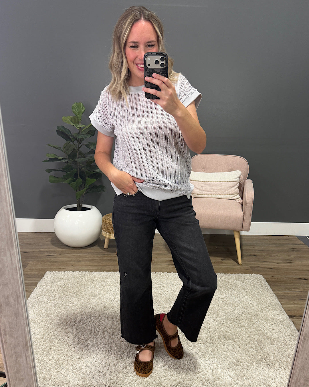 Liesel Textured Open Knit Top - Gray Staccato