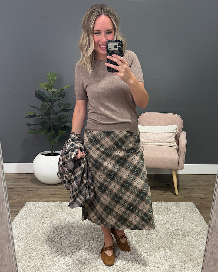 Jade Plaid A-Line Skirt - Greige Be Cool