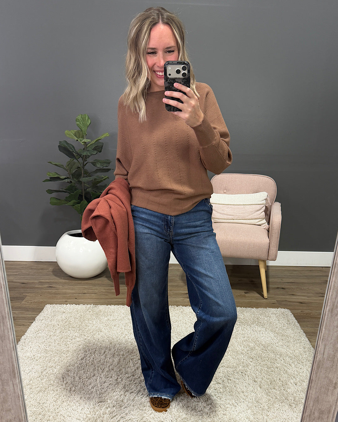 Adalyn Dolman Sleeve Textured Sweater - Mocha Staccato