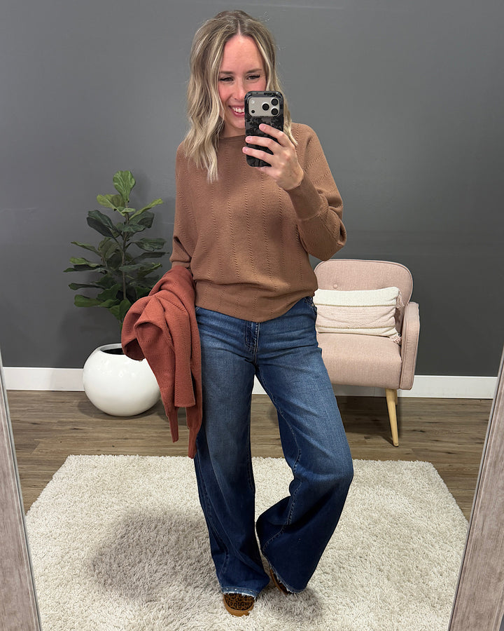 Adalyn Dolman Sleeve Textured Sweater - Copper Staccato