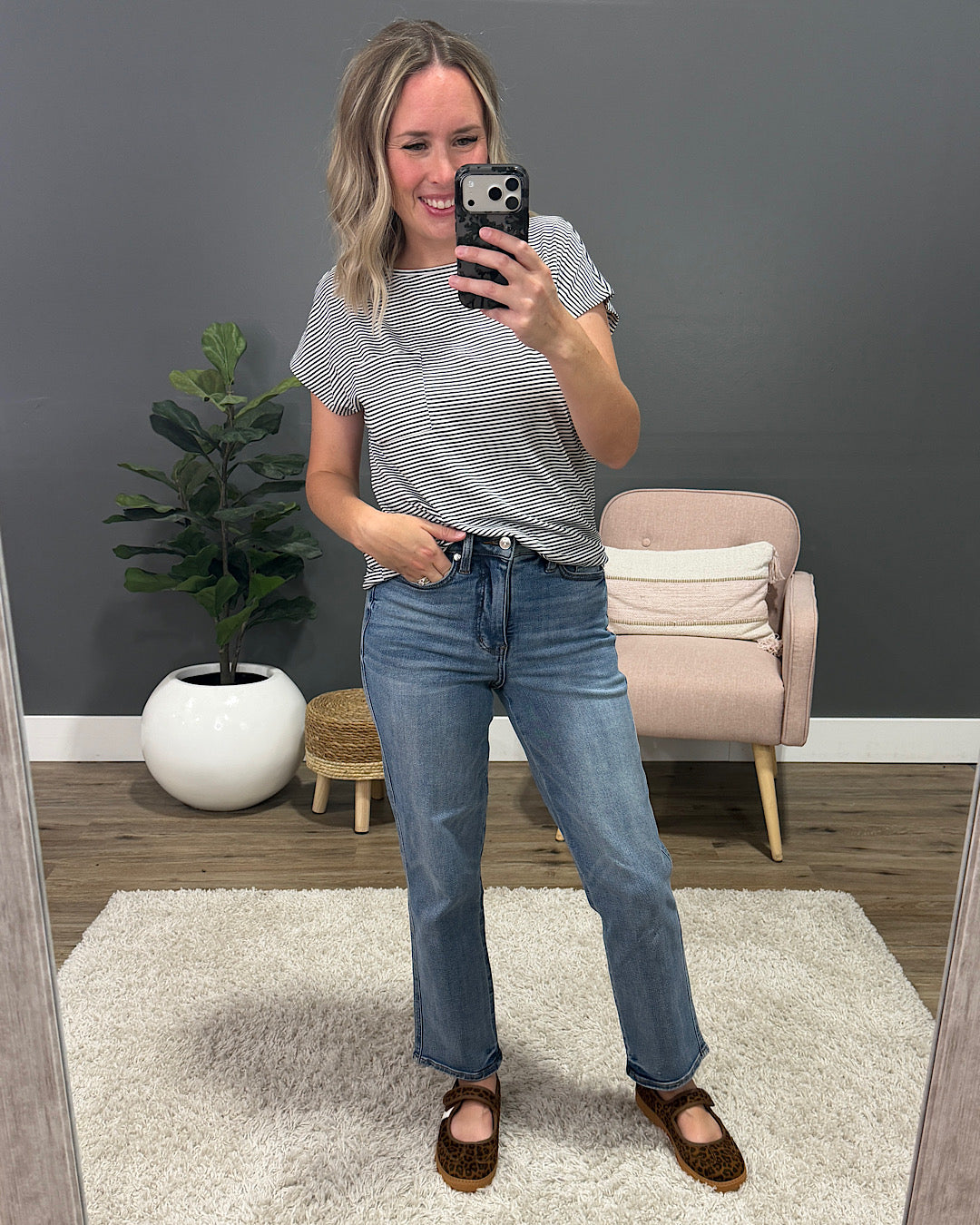 Hendrix Striped Pocket Top - Forest Green Staccato