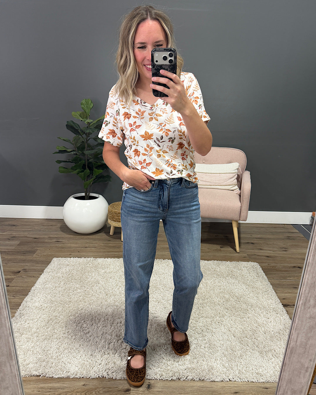 Sophie V Neck Top - Autumn Leaves Michelle Mae