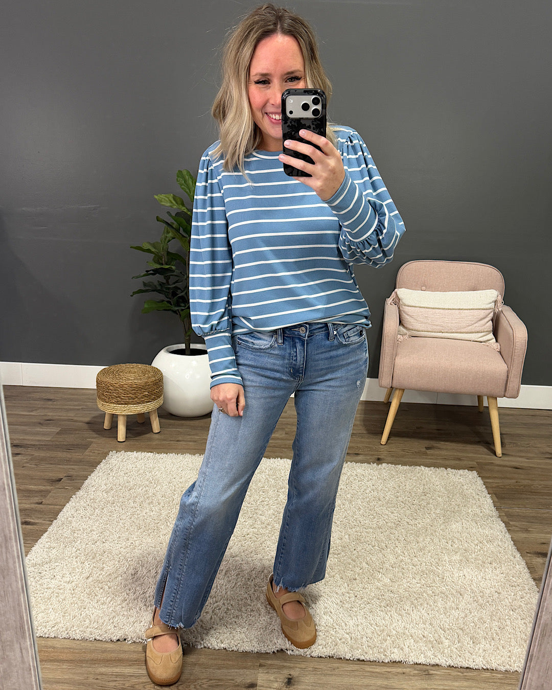 April Striped Bubble Sleeve Top - Blue FINAL SALE Lovely Melody