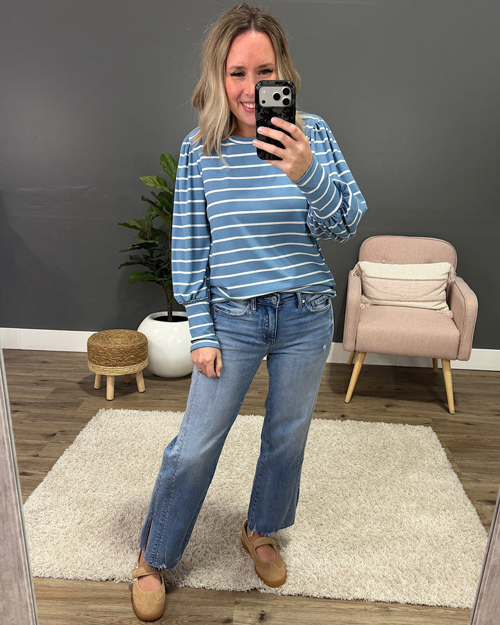 April Striped Bubble Sleeve Top - Blue FINAL SALE Lovely Melody