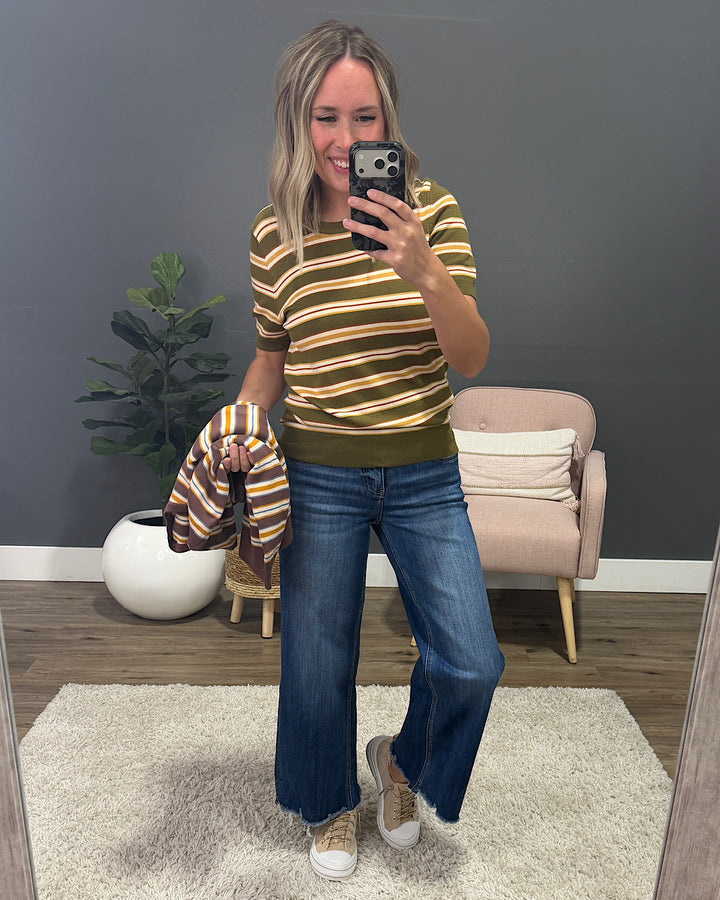 Iris Striped Short Sleeve Sweater - Olive Be Cool