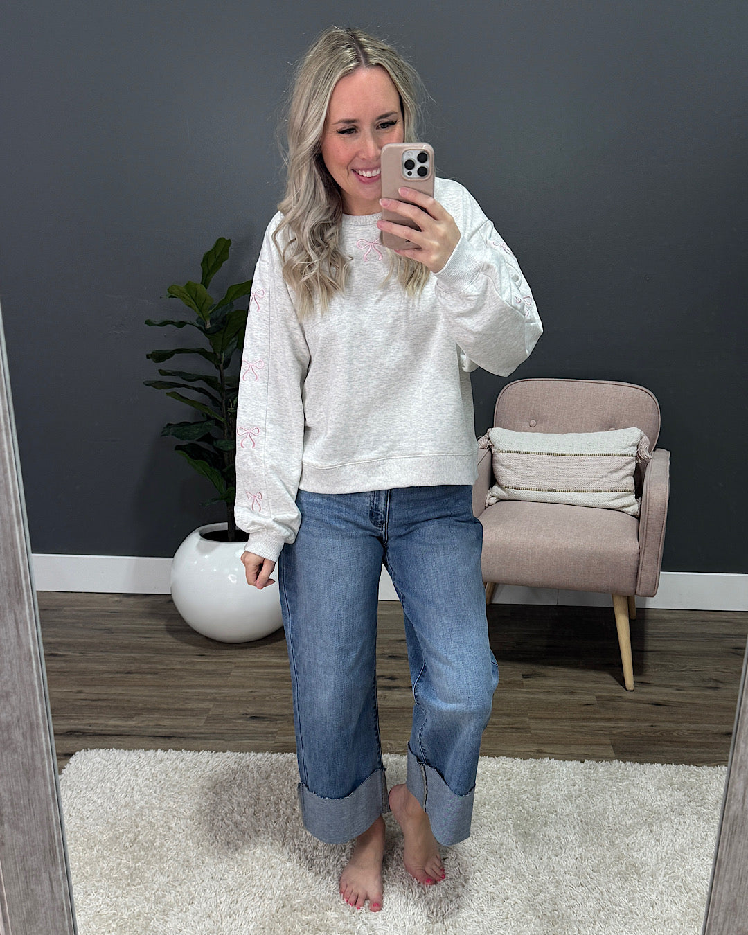 Heather Gray Sweatshirt with Pink Embroidered Ribbons SALE Main Strip