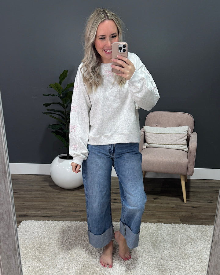 Heather Gray Sweatshirt with Pink Embroidered Ribbons SALE Main Strip