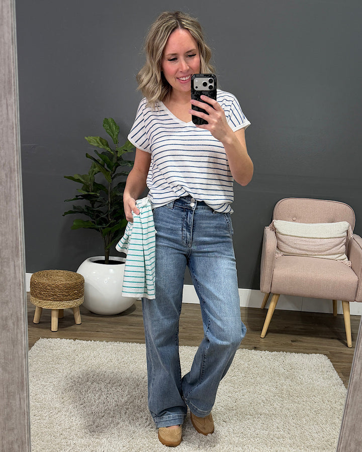 Candice Striped V Neck Sweater Top - Ivory & Green Staccato