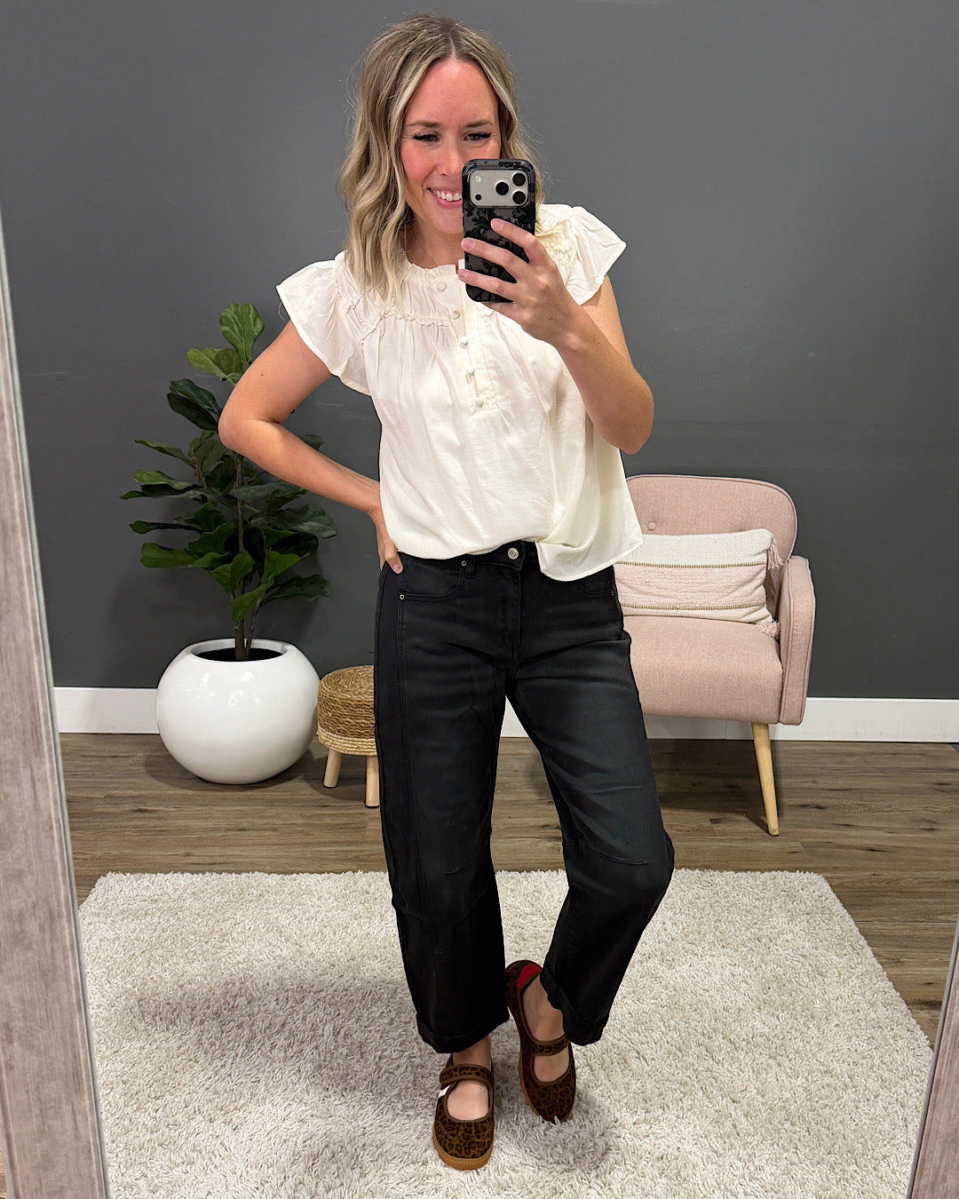NEW! Raya Ruffled Henley Blouse - Ivory Mine