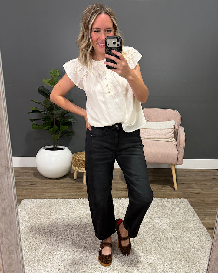 NEW! Raya Ruffled Henley Blouse - Ivory Mine