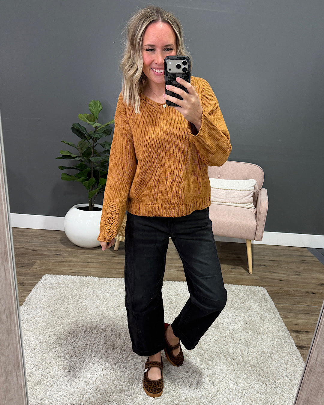NEW! Ella Crochet Sleeve Sweater - Camel Michelle Mae