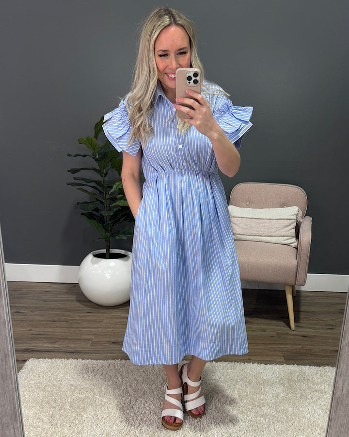Carmine Striped Ruffle Sleeve Midi Dress - Blue SALE Heyson