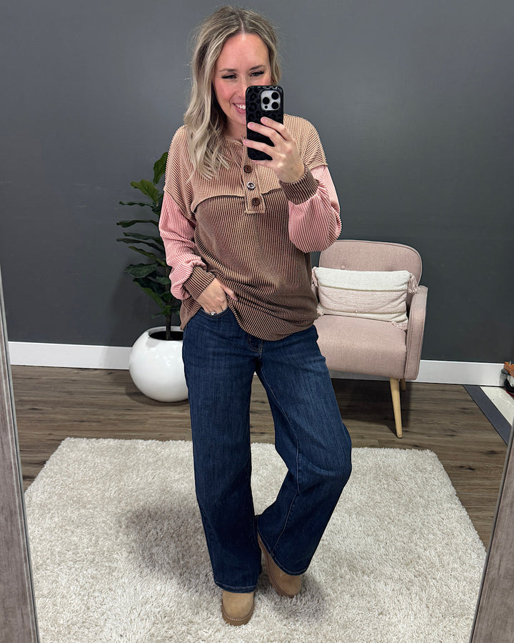 Andrea Corded Color Block Henley Top - Chestnut 7th Ray