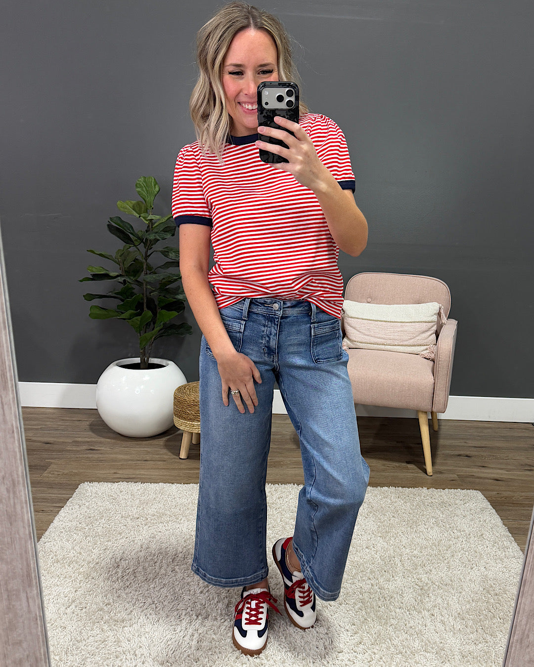 Mandy Puff Sleeve Striped Top - Red & Navy Staccato