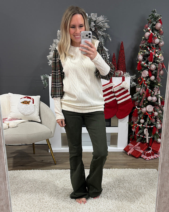 Chelsea Cable Knit & Plaid Color Block Top - Olive Lovely Melody
