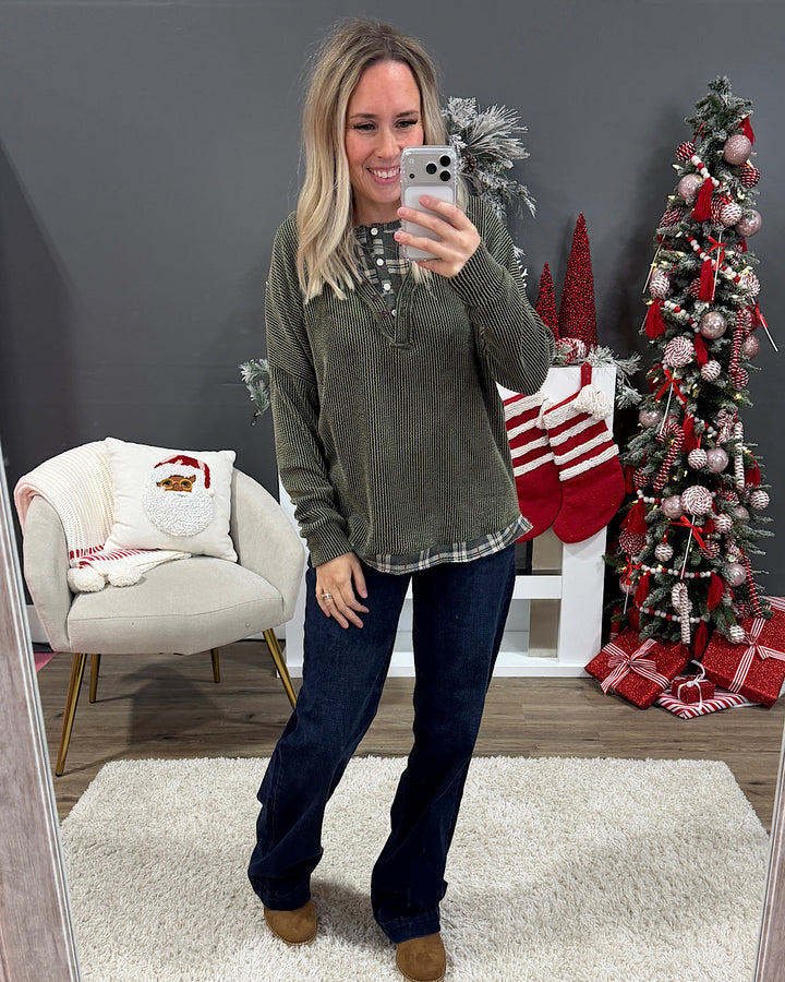 Gwen Corded Top with Plaid Accents - Olive 7th Ray
