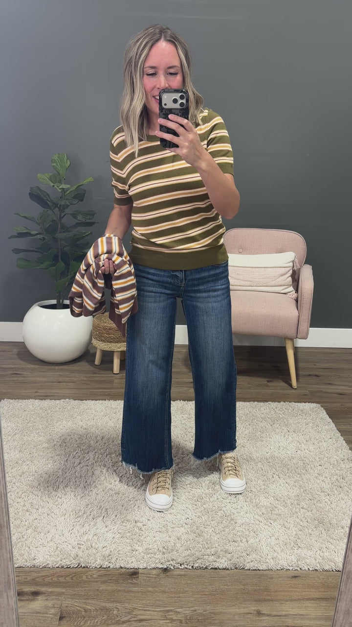 Iris Striped Short Sleeve Sweater - Olive Be Cool