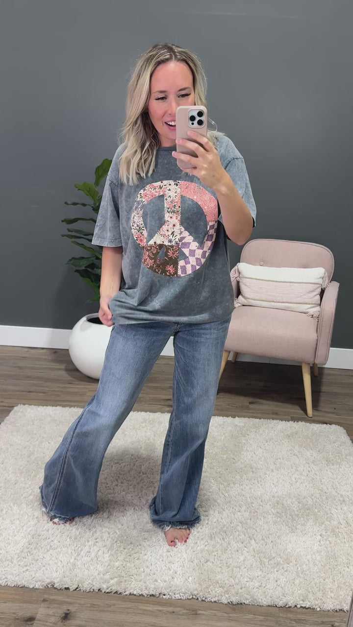 Patchwork Peace Sign Gray Denim Mineral Wash Tee Zutter