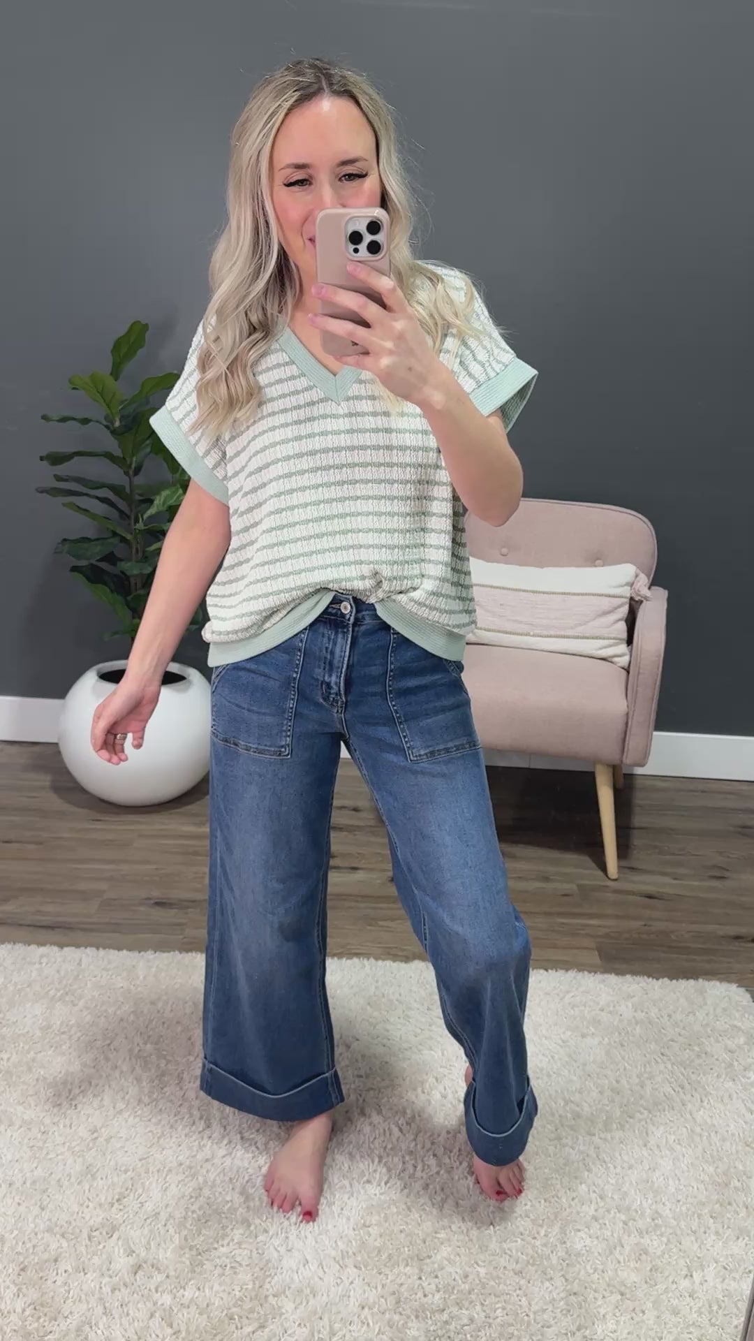 This Love Textured Striped V Neck Top - Sage SALE Lovely Melody