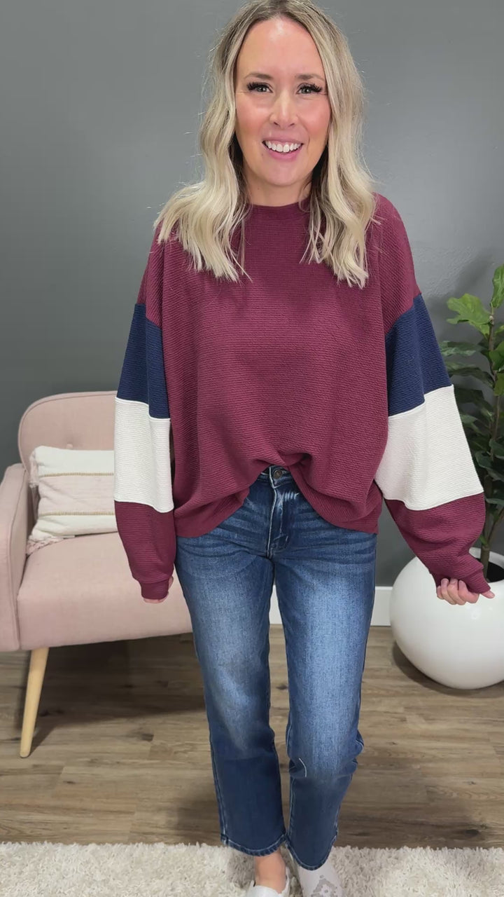 Molly Color Block Cloud Knit Top - Wine, Navy & Cream Tres Bien