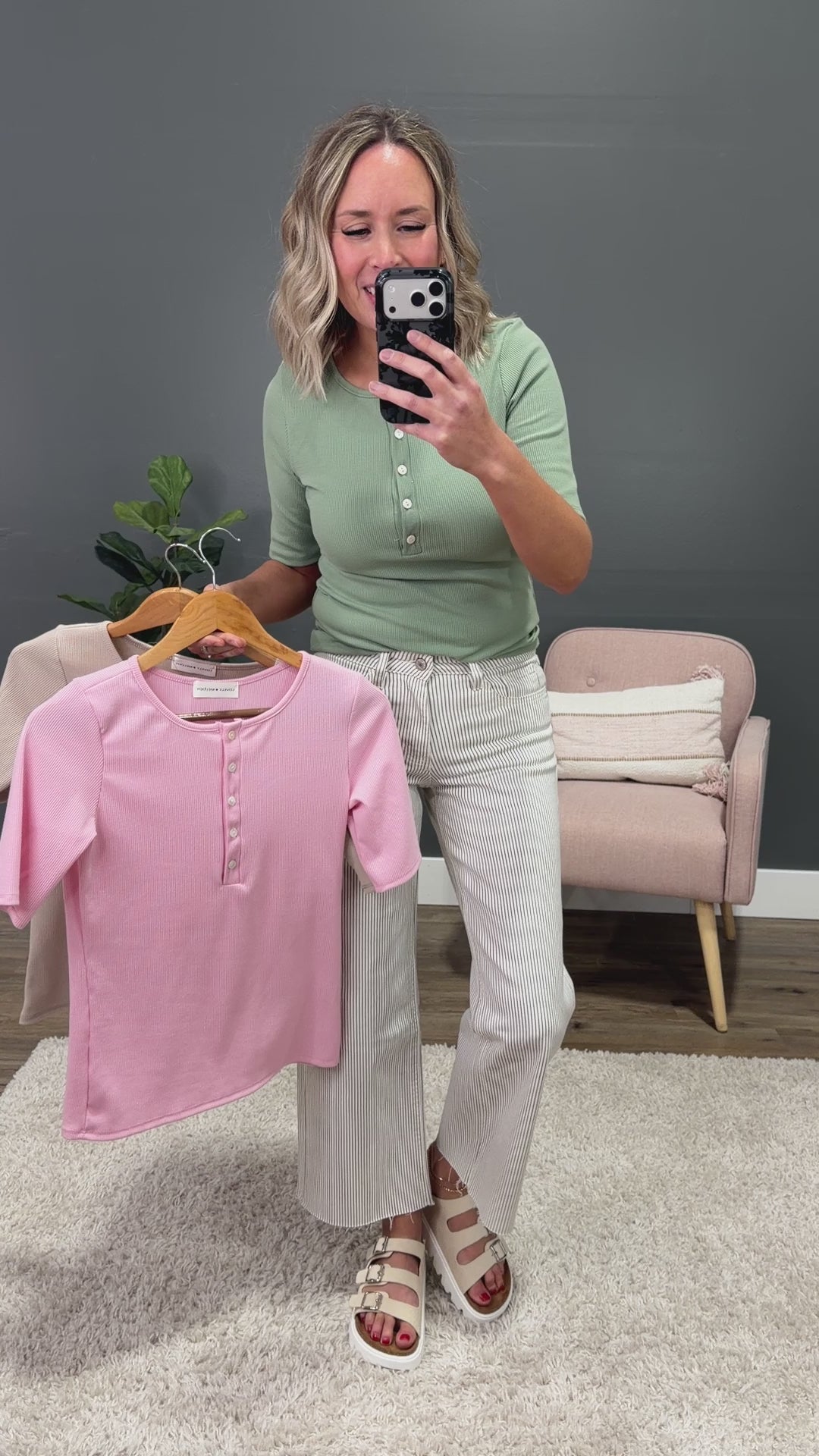 Emmy Micro Ribbed Henley Top - Sage Lovely Melody