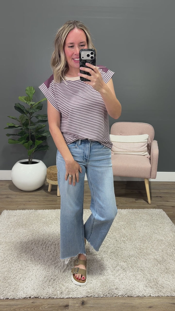 Noelle Striped Ribbed Top - Ivory & Plum Staccato